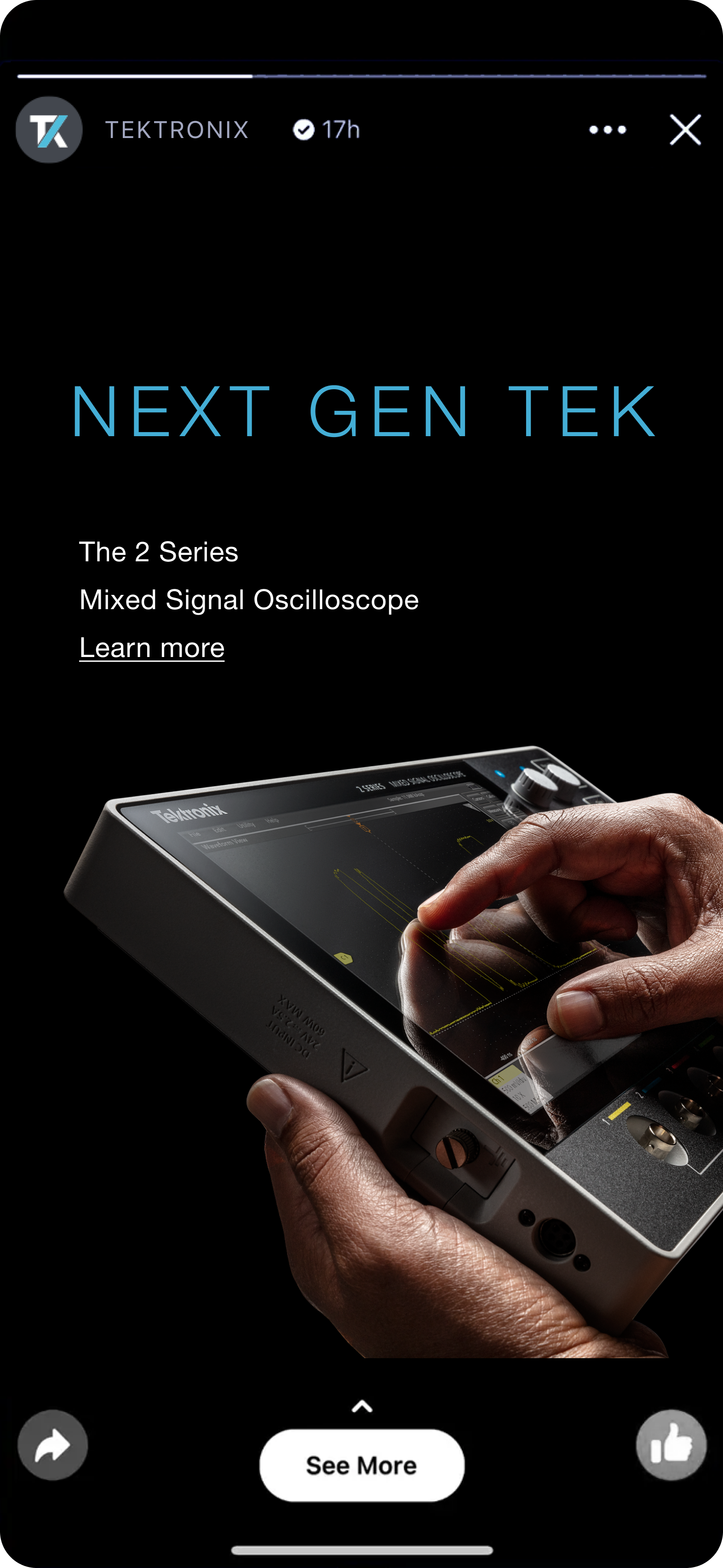 Mixed Signal Oscilloscope from the 2 Series, featuring a user interacting with the touchscreen interface, showcasing advanced technology and precision for electronic testing.
